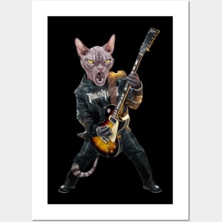 Cat Rock Sphynx Funny Electric Guitar Punk Rocker Gift For Cat Mum Mom Dad Heavy Metal Kitten Cats Lover Posters and Art